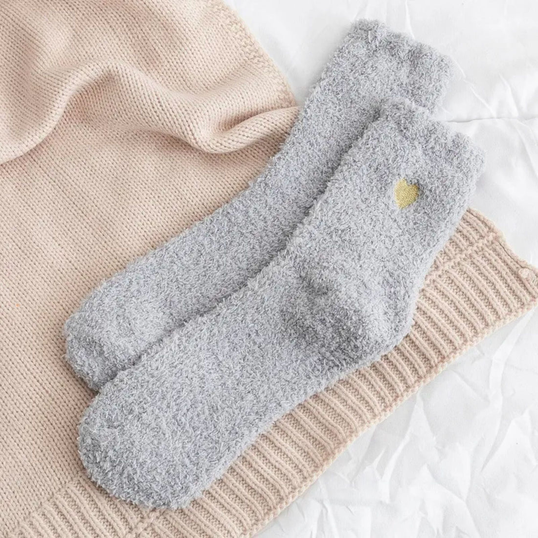 Cosy Heart Print Socks - Grey