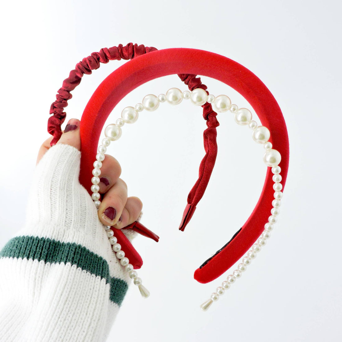 Sponge Pearl Hairband Set - 3pcs Red